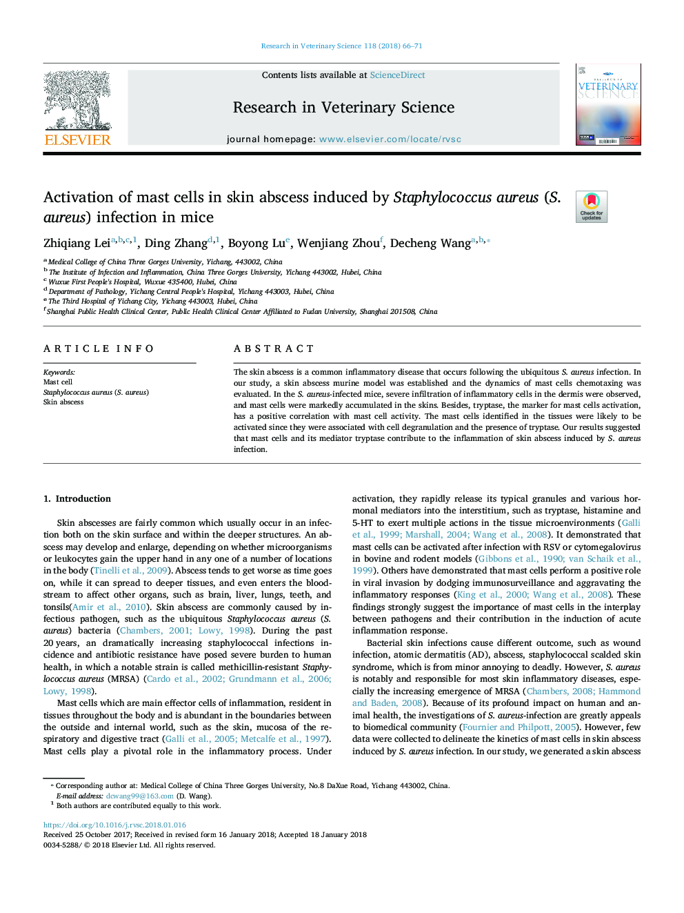 Activation of mast cells in skin abscess induced by Staphylococcus aureus (S. aureus) infection in mice