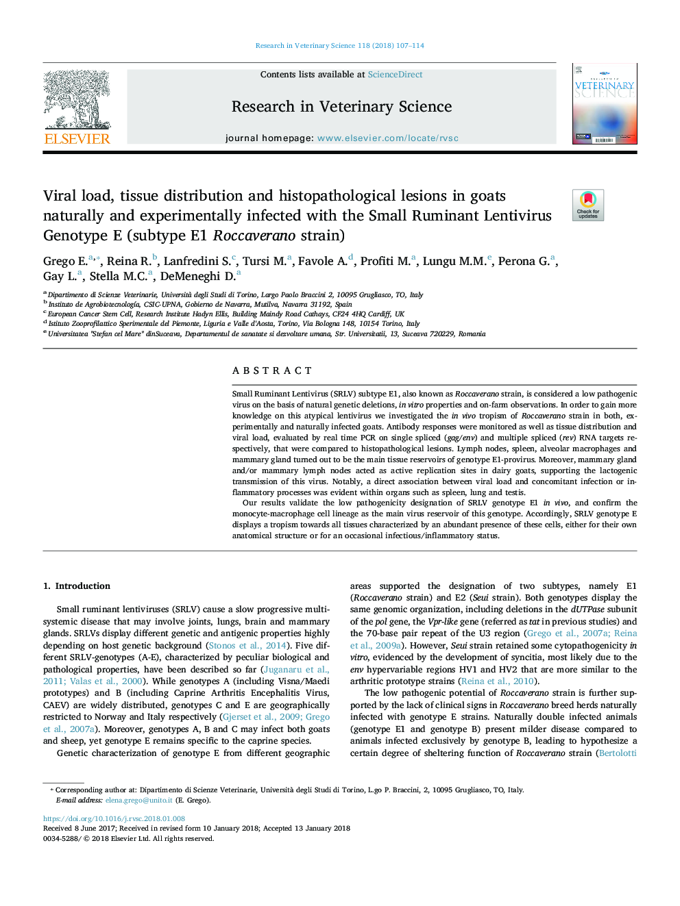 Viral load, tissue distribution and histopathological lesions in goats naturally and experimentally infected with the Small Ruminant Lentivirus Genotype E (subtype E1 Roccaverano strain)