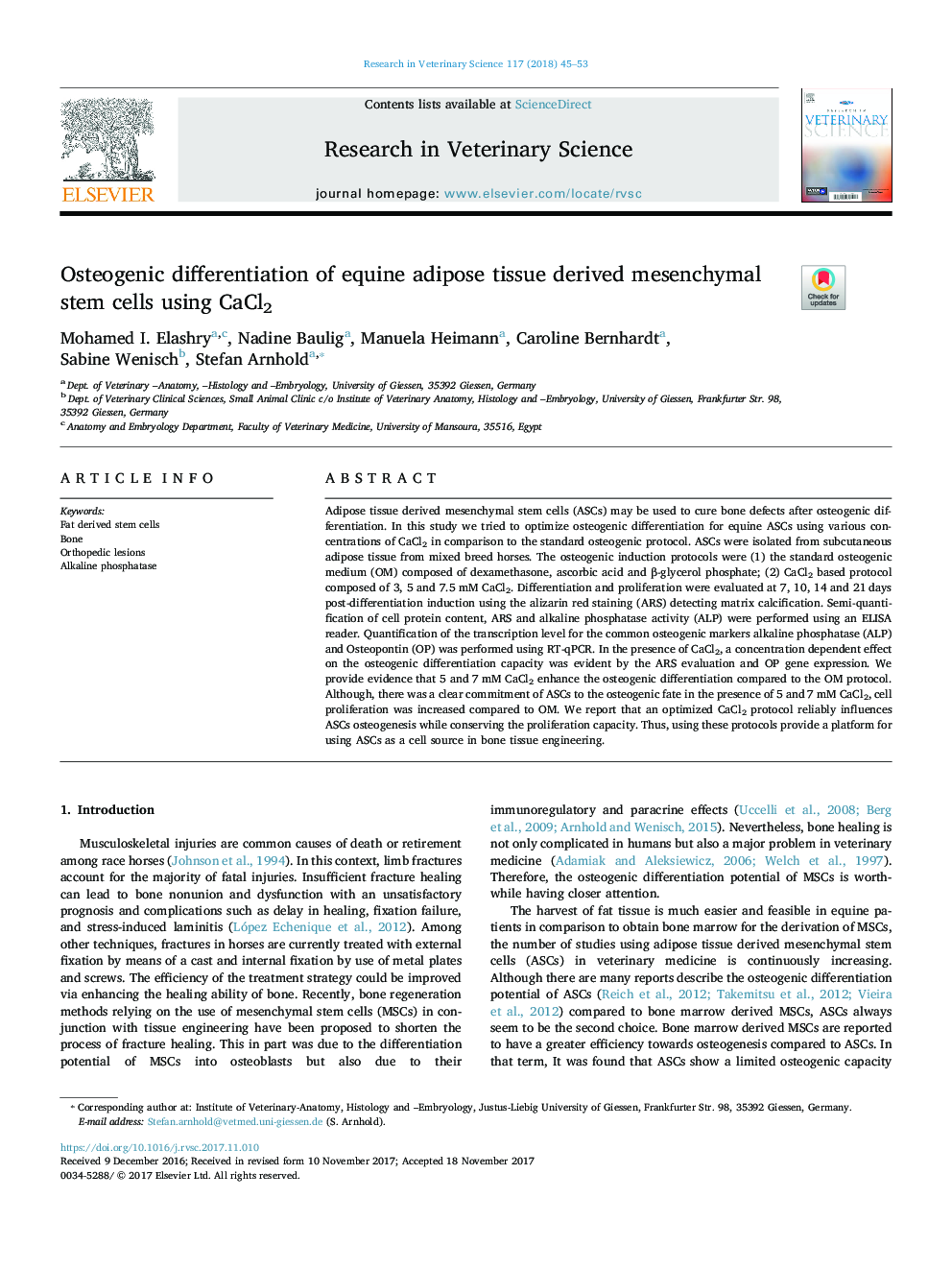 Osteogenic differentiation of equine adipose tissue derived mesenchymal stem cells using CaCl2