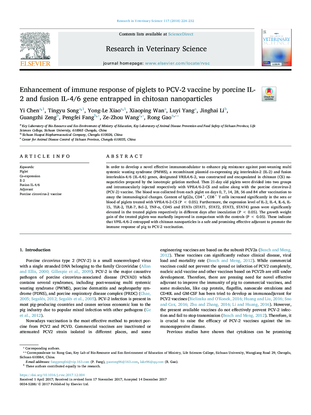 Enhancement of immune response of piglets to PCV-2 vaccine by porcine IL-2 and fusion IL-4/6 gene entrapped in chitosan nanoparticles