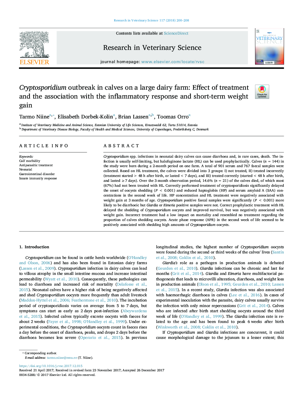 Cryptosporidium outbreak in calves on a large dairy farm: Effect of treatment and the association with the inflammatory response and short-term weight gain