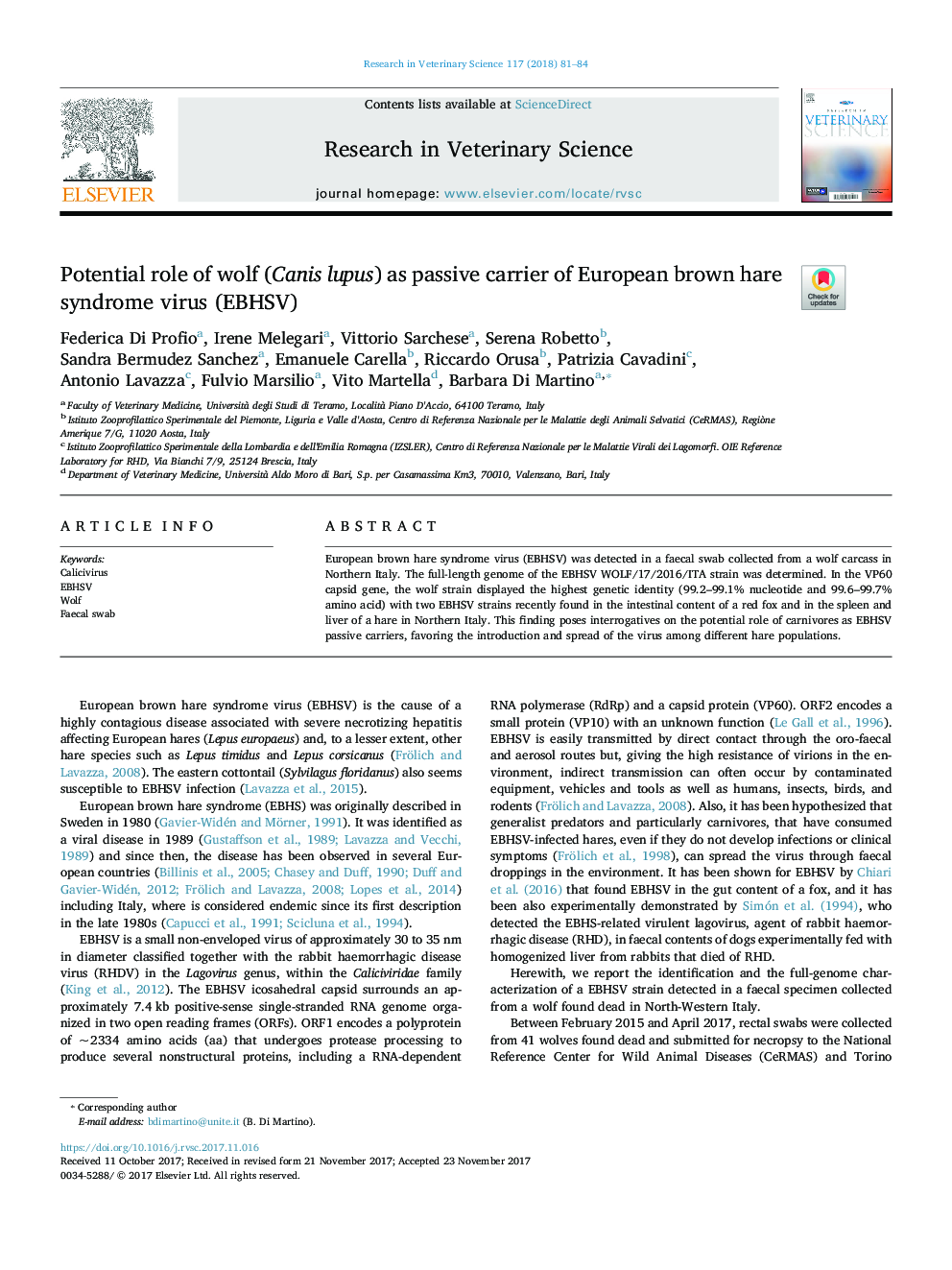 Potential role of wolf (Canis lupus) as passive carrier of European brown hare syndrome virus (EBHSV)