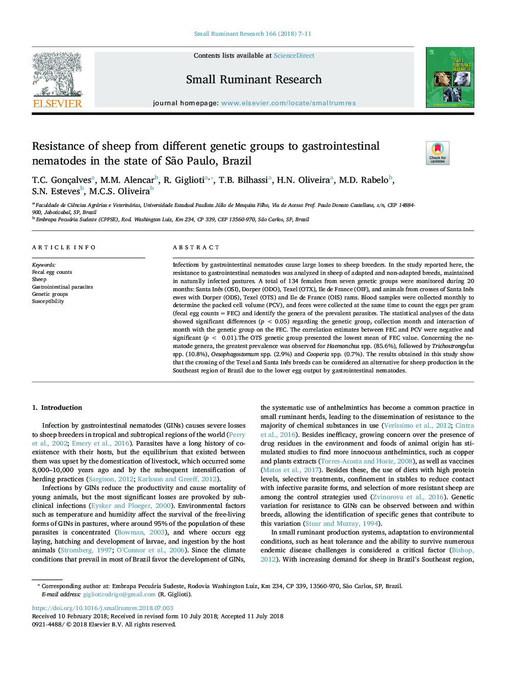 Resistance of sheep from different genetic groups to gastrointestinal nematodes in the state of SÃ£o Paulo, Brazil