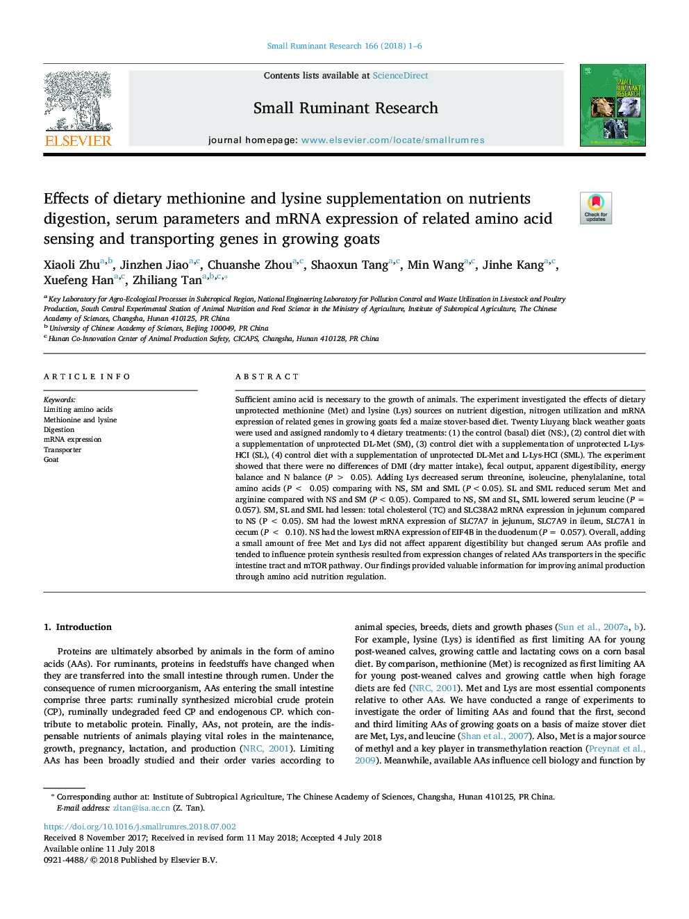 Effects of dietary methionine and lysine supplementation on nutrients digestion, serum parameters and mRNA expression of related amino acid sensing and transporting genes in growing goats