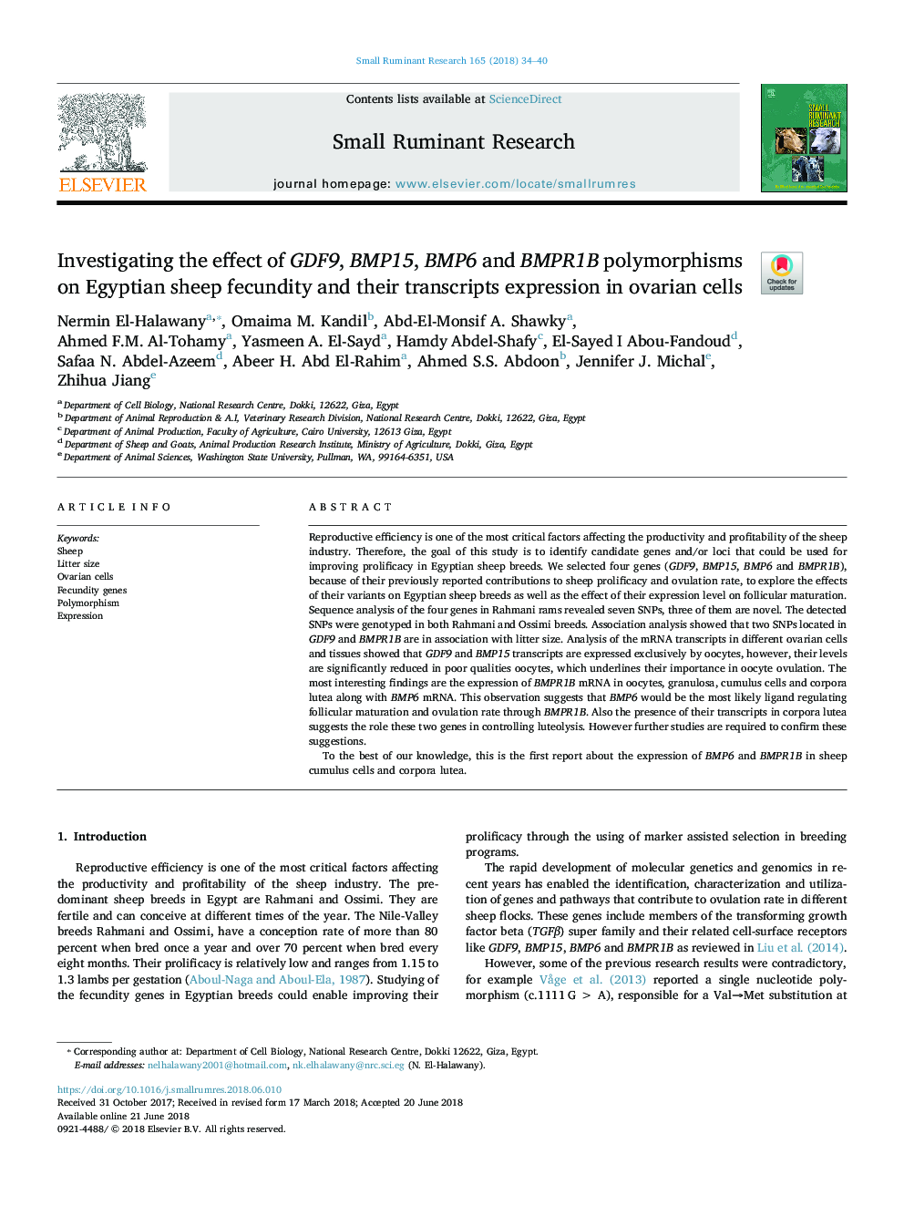 Investigating the effect of GDF9, BMP15, BMP6 and BMPR1B polymorphisms on Egyptian sheep fecundity and their transcripts expression in ovarian cells