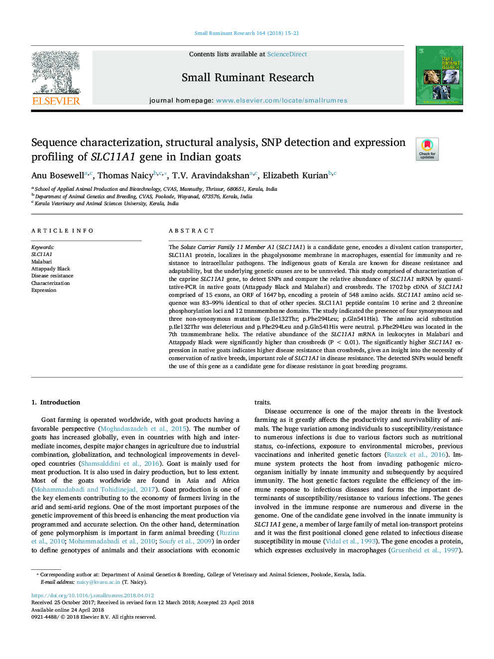 Sequence characterization, structural analysis, SNP detection and expression profiling of SLC11A1 gene in Indian goats