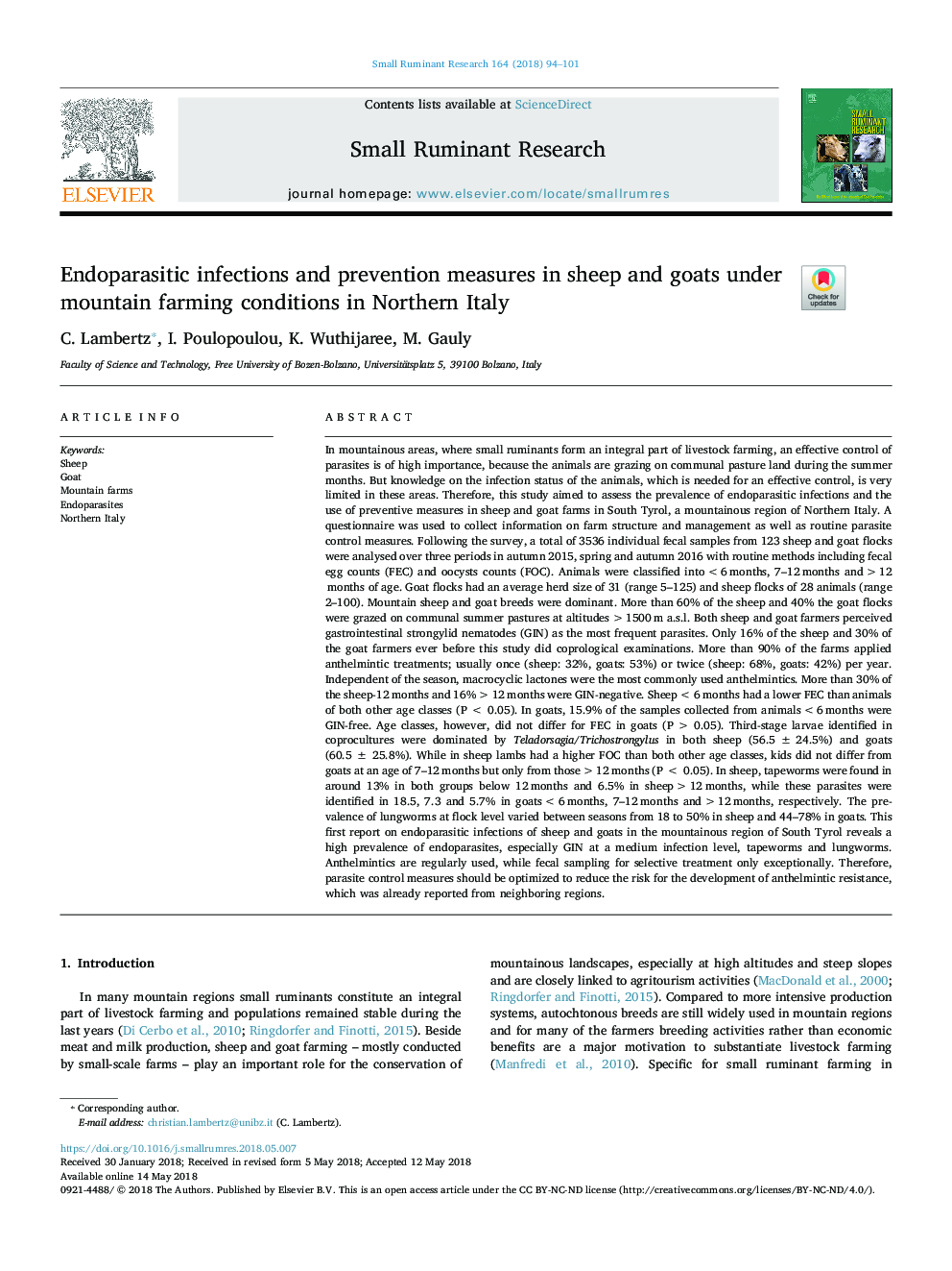 Endoparasitic infections and prevention measures in sheep and goats under mountain farming conditions in Northern Italy