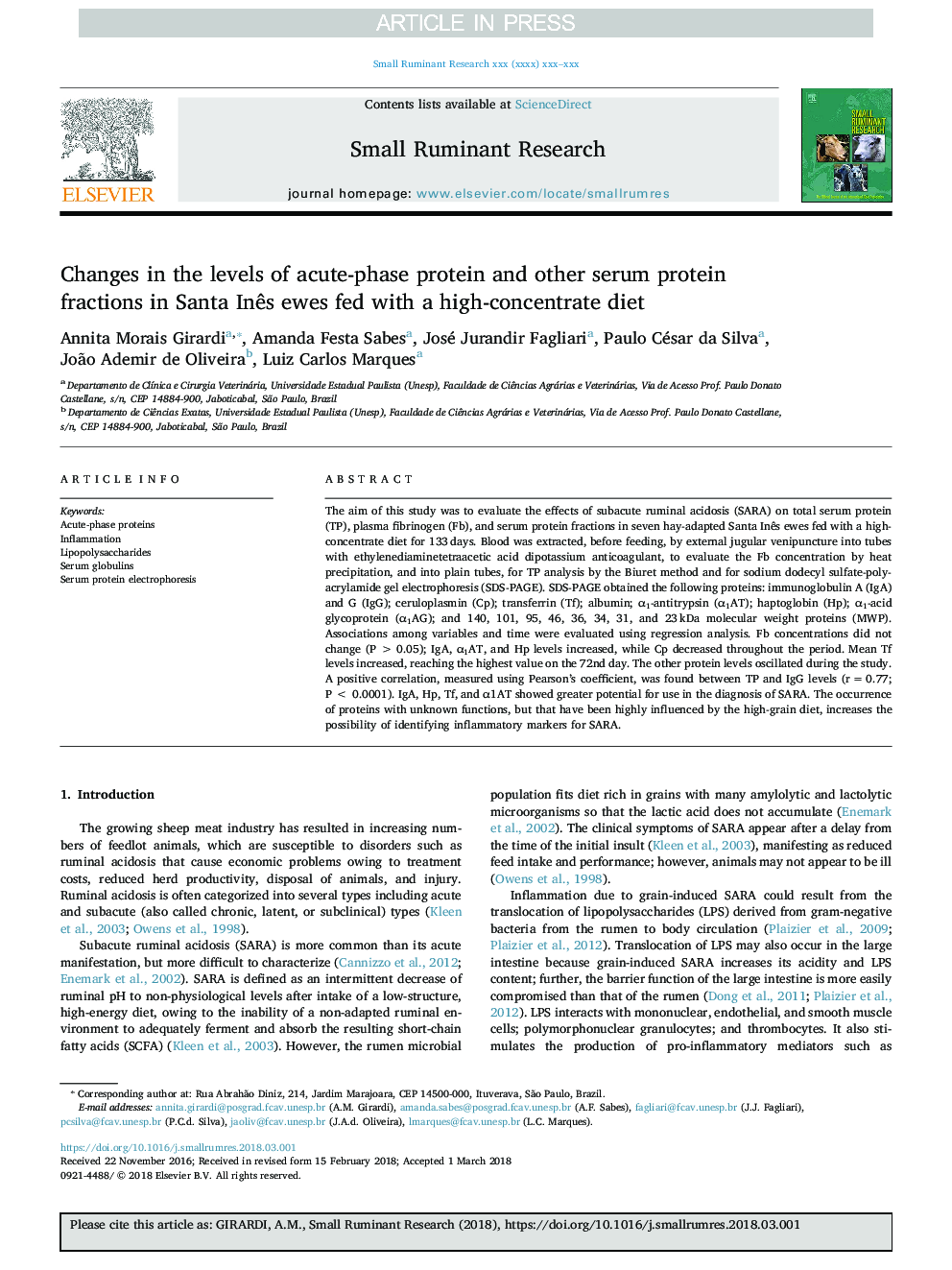 Changes in the levels of acute-phase protein and other serum protein fractions in Santa InÃªs ewes fed with a high-concentrate diet