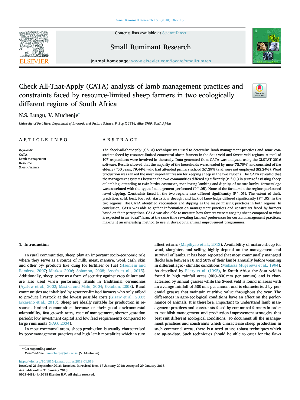 Check All-That-Apply (CATA) analysis of lamb management practices and constraints faced by resource-limited sheep farmers in two ecologically different regions of South Africa