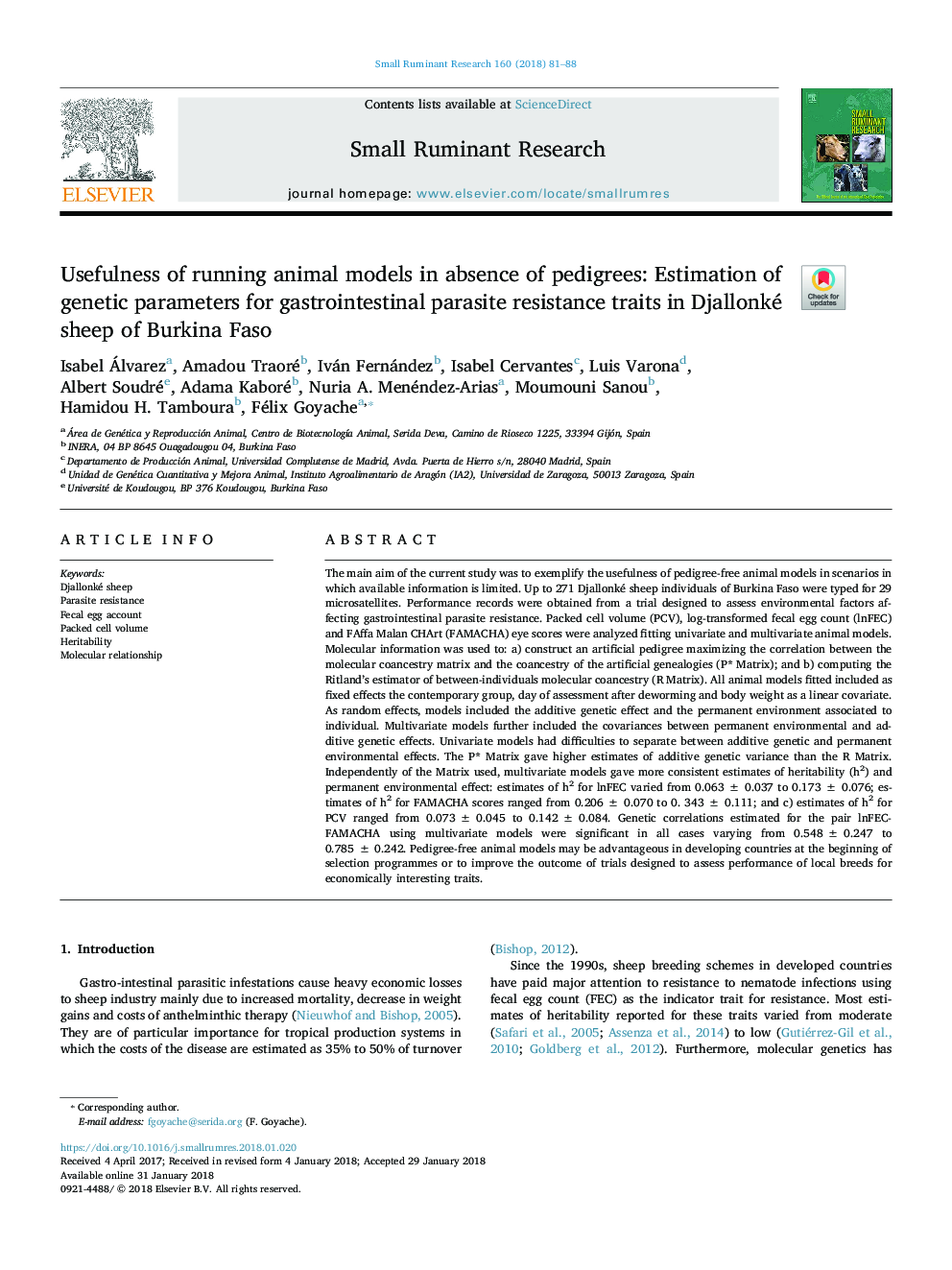 Usefulness of running animal models in absence of pedigrees: Estimation of genetic parameters for gastrointestinal parasite resistance traits in Djallonké sheep of Burkina Faso