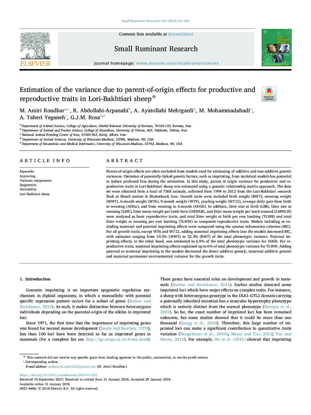 Estimation of the variance due to parent-of-origin effects for productive and reproductive traits in Lori-Bakhtiari sheep