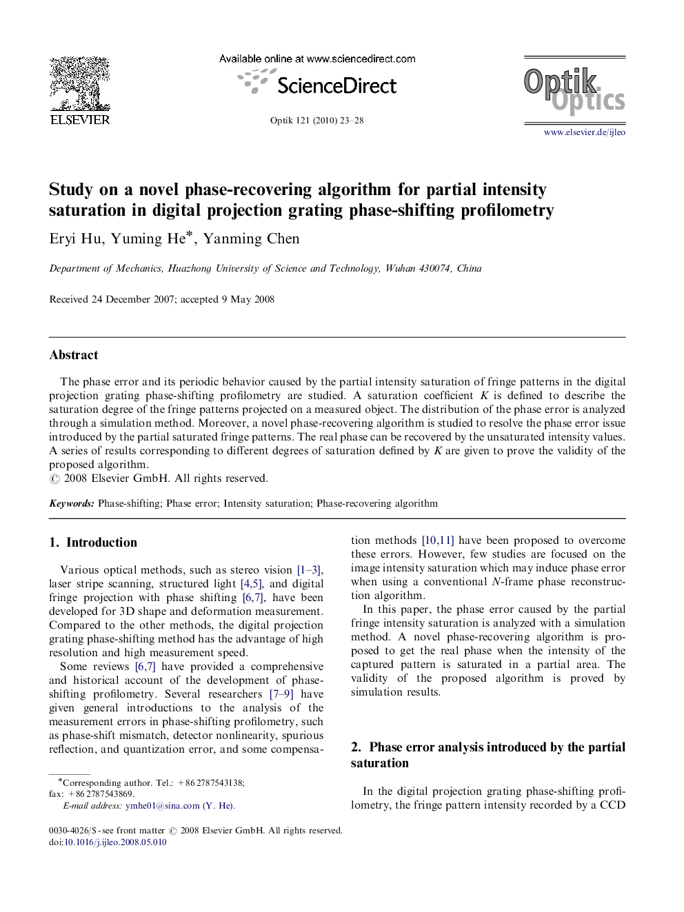 Study on a novel phase-recovering algorithm for partial intensity saturation in digital projection grating phase-shifting profilometry