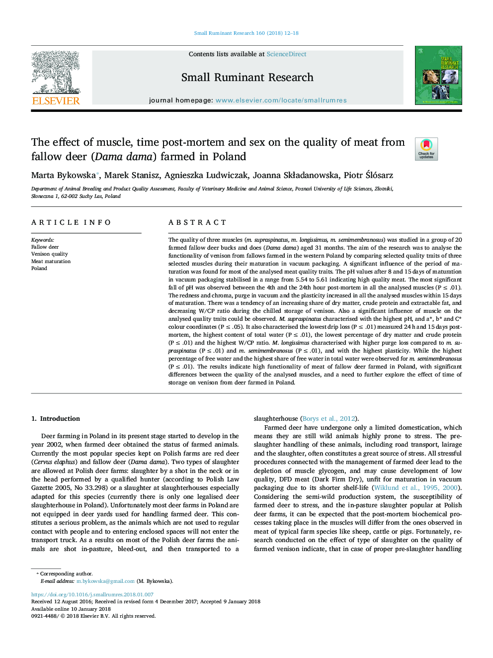 The effect of muscle, time post-mortem and sex on the quality of meat from fallow deer (Dama dama) farmed in Poland