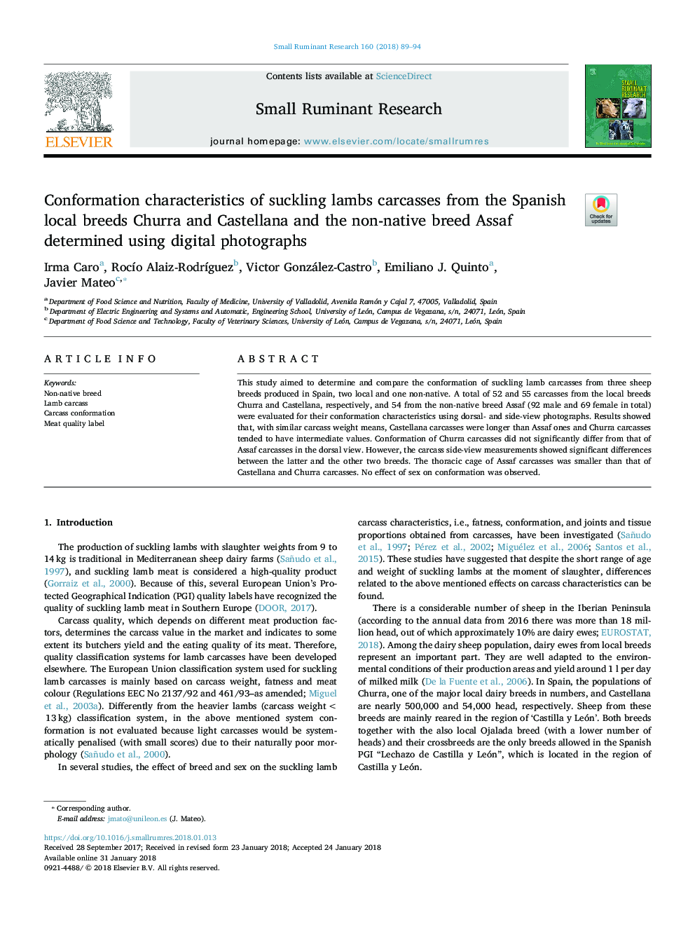 Conformation characteristics of suckling lambs carcasses from the Spanish local breeds Churra and Castellana and the non-native breed Assaf determined using digital photographs