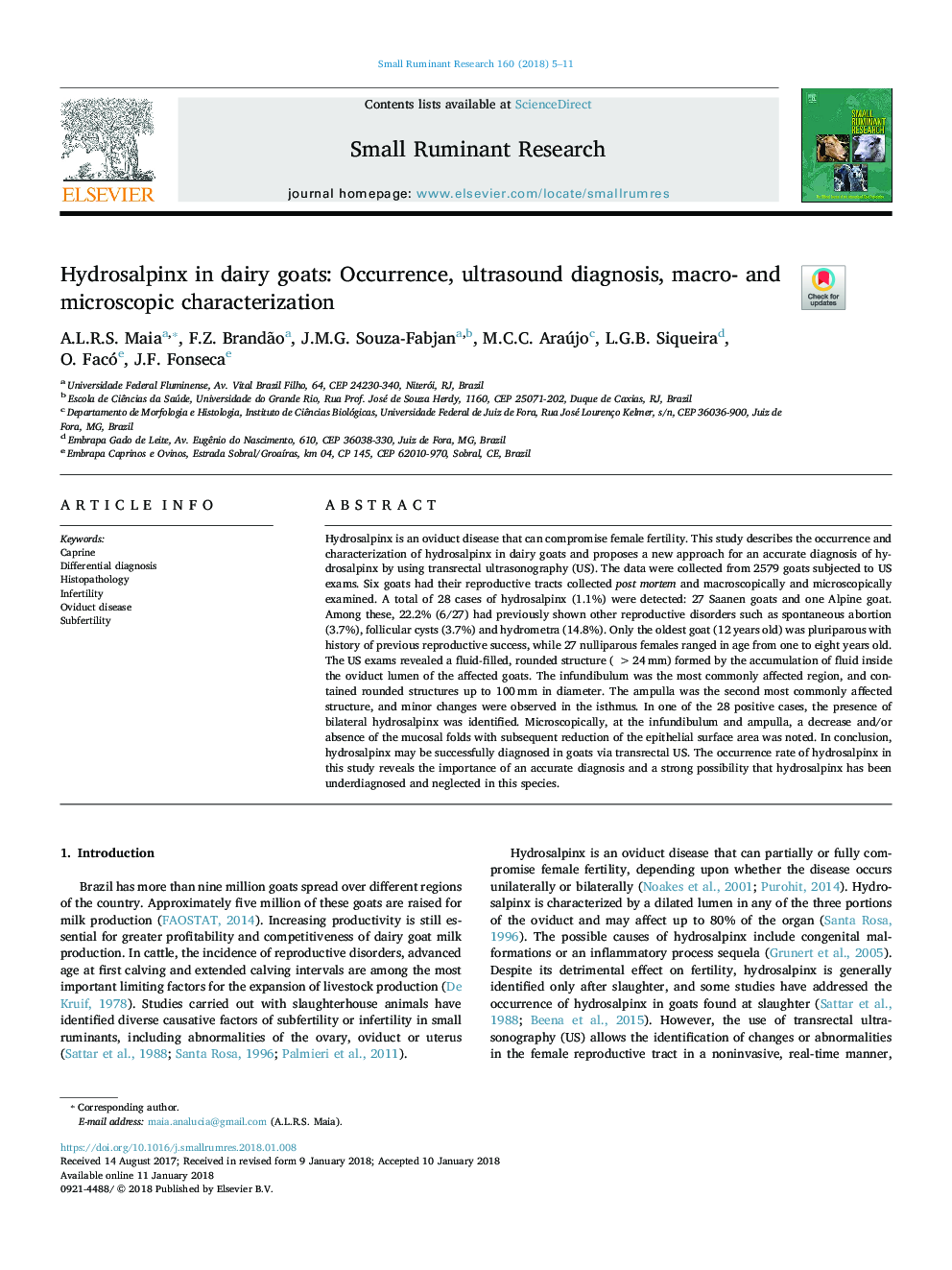 Hydrosalpinx in dairy goats: Occurrence, ultrasound diagnosis, macro- and microscopic characterization