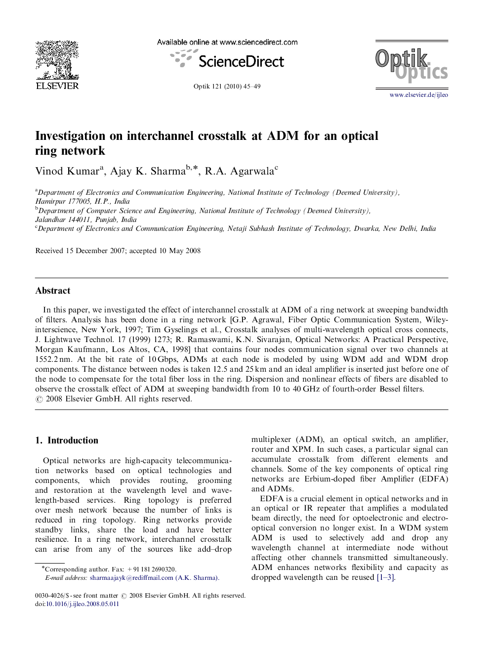 Investigation on interchannel crosstalk at ADM for an optical ring network