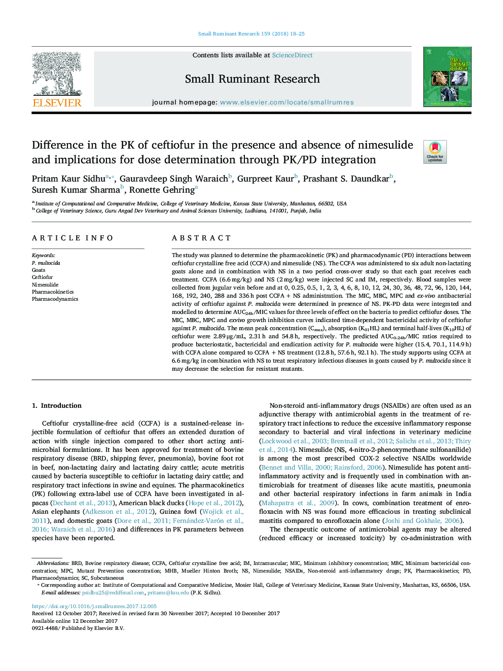 Difference in the PK of ceftiofur in the presence and absence of nimesulide and implications for dose determination through PK/PD integration