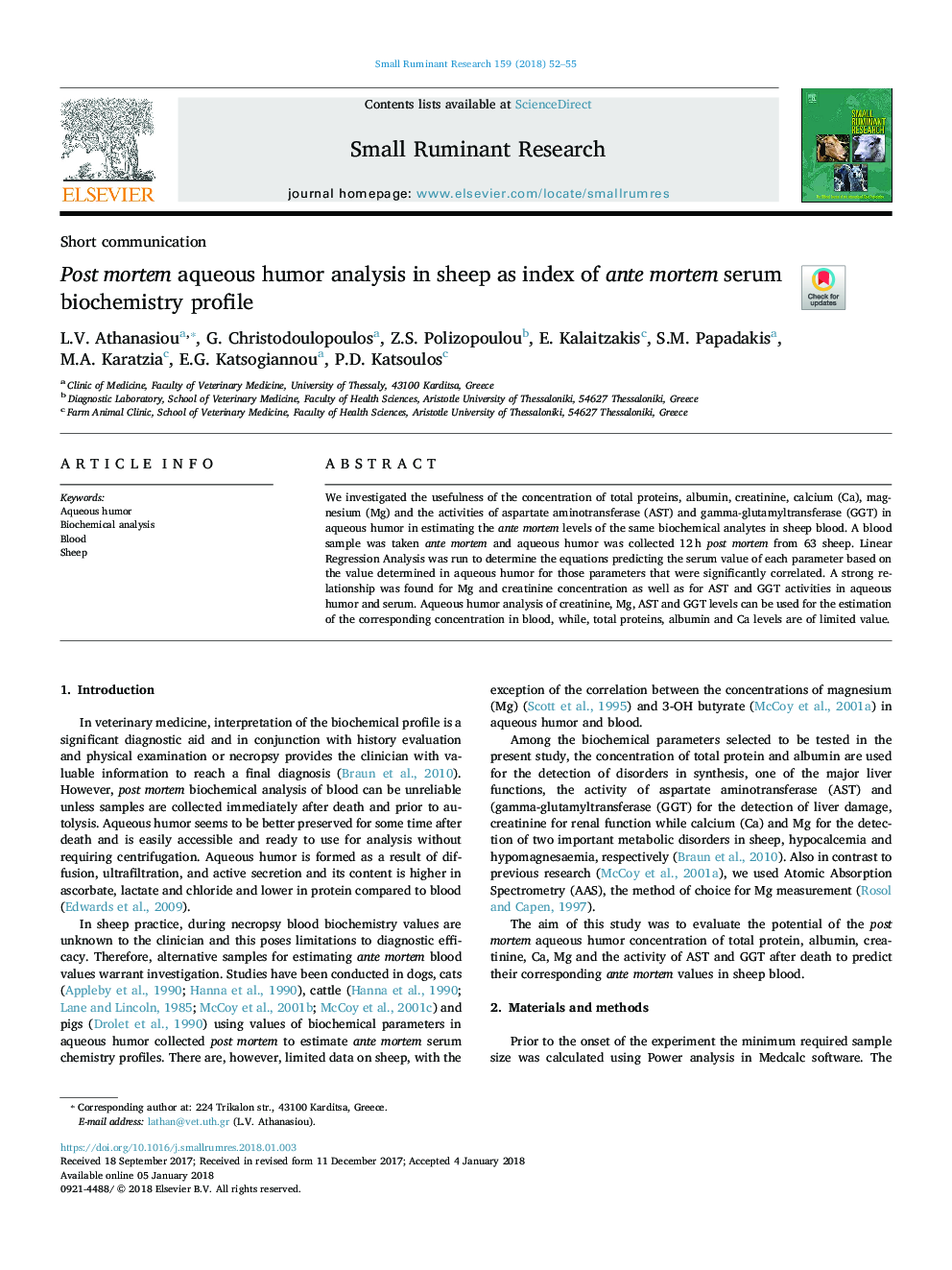 Post mortem aqueous humor analysis in sheep as index of ante mortem serum biochemistry profile