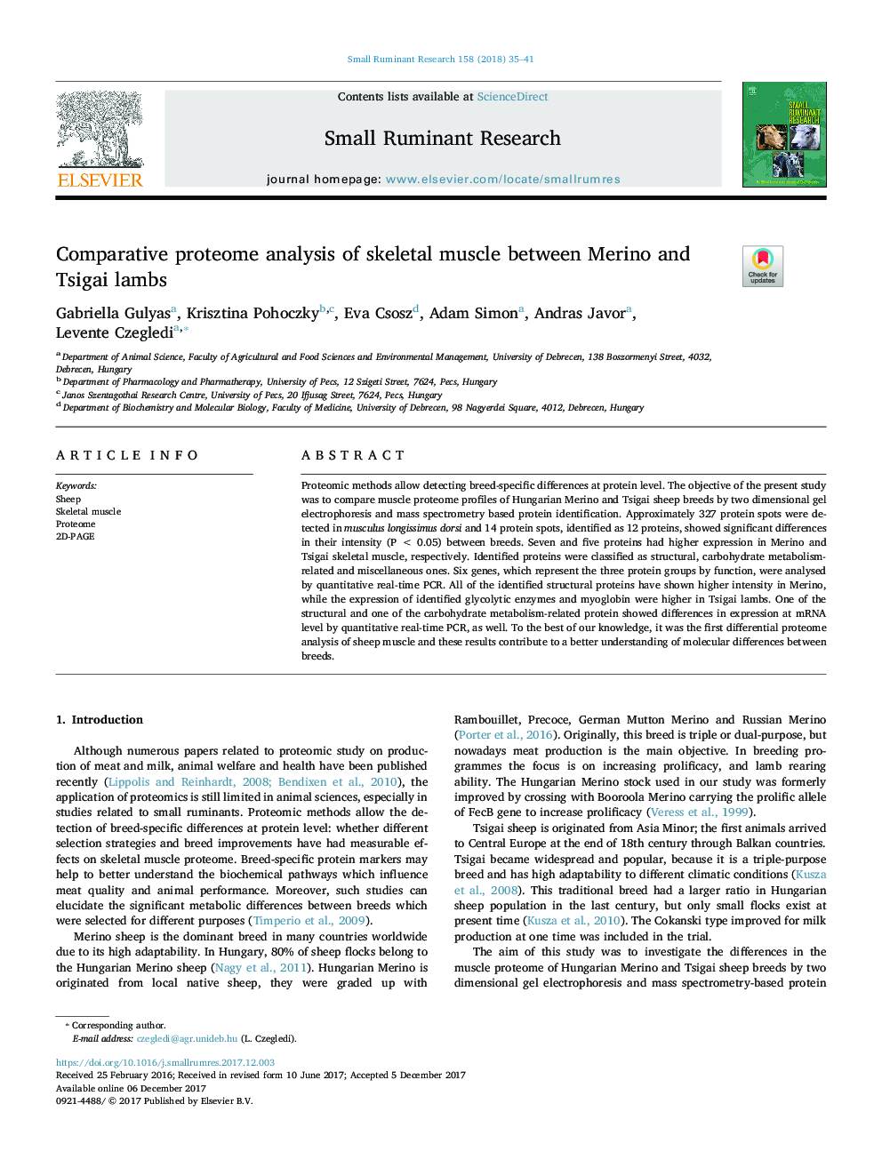 Comparative proteome analysis of skeletal muscle between Merino and Tsigai lambs