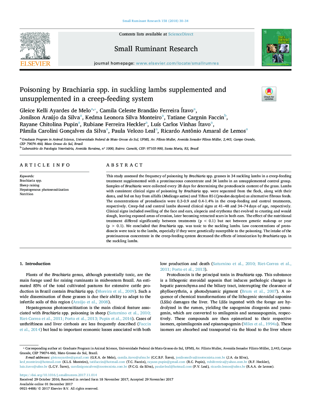 Poisoning by Brachiaria spp. in suckling lambs supplemented and unsupplemented in a creep-feeding system