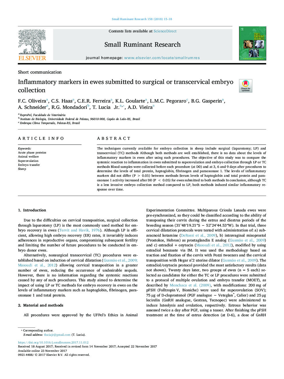 Inflammatory markers in ewes submitted to surgical or transcervical embryo collection