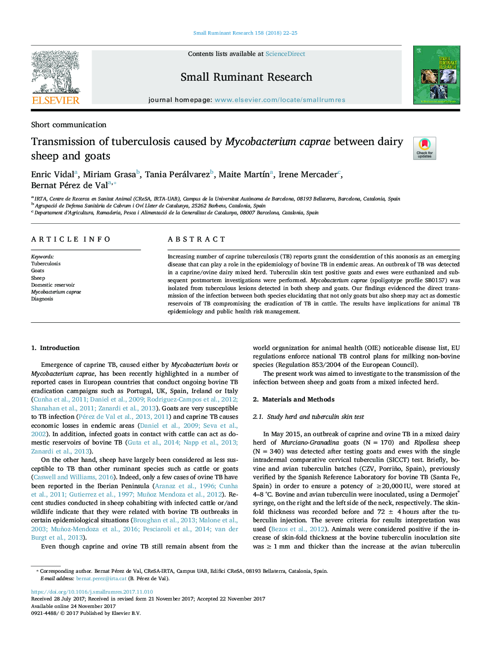 Transmission of tuberculosis caused by Mycobacterium caprae between dairy sheep and goats