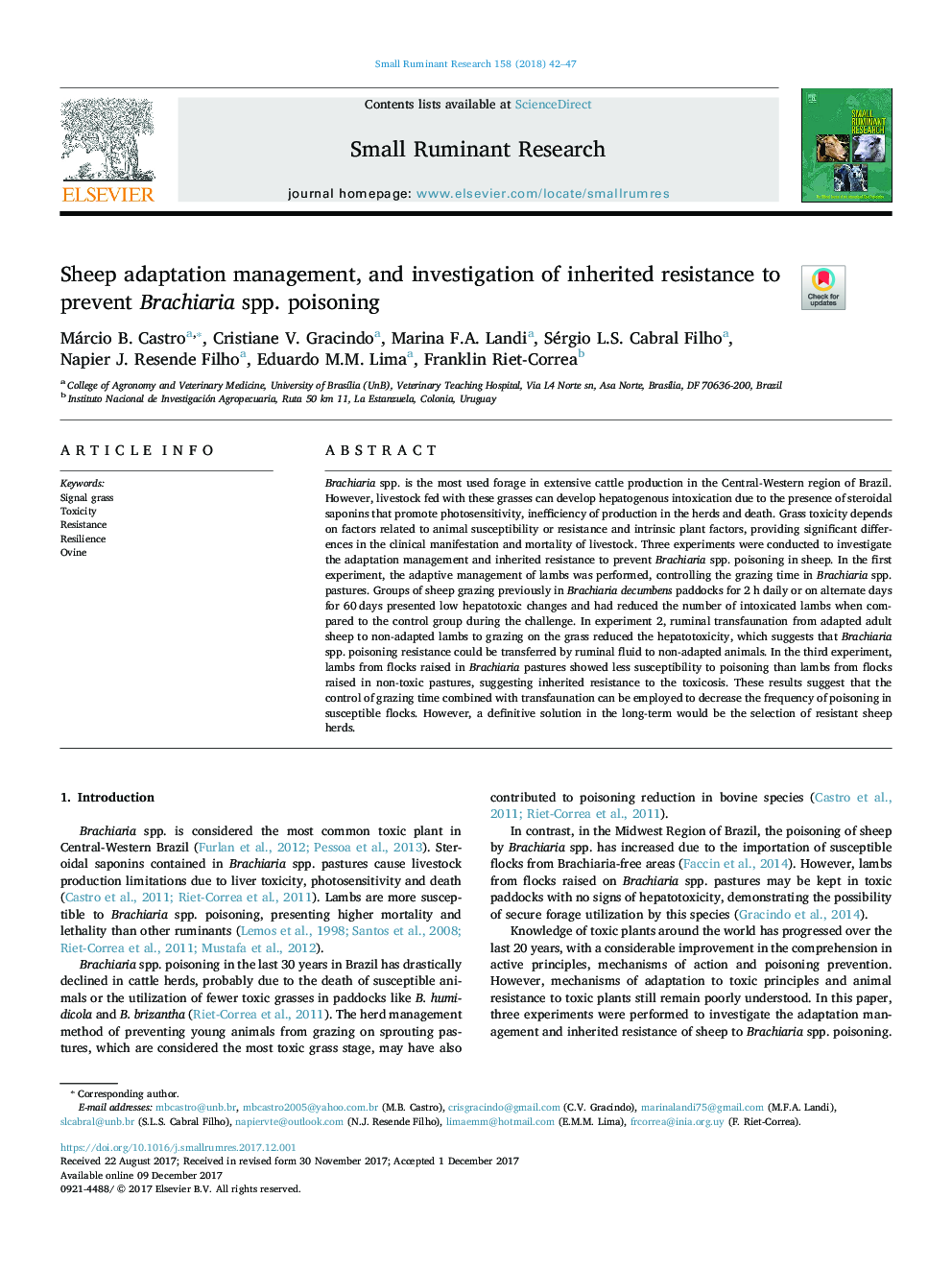 Sheep adaptation management, and investigation of inherited resistance to prevent Brachiaria spp. poisoning