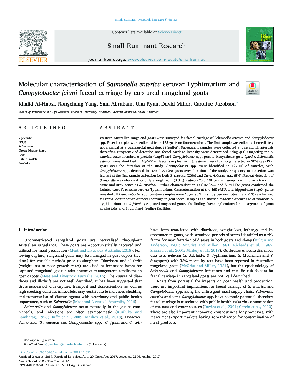 Molecular characterisation of Salmonella enterica serovar Typhimurium and Campylobacter jejuni faecal carriage by captured rangeland goats