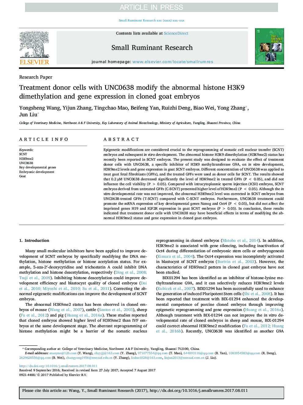 Treatment donor cells with UNC0638 modify the abnormal histone H3K9 dimethylation and gene expression in cloned goat embryos