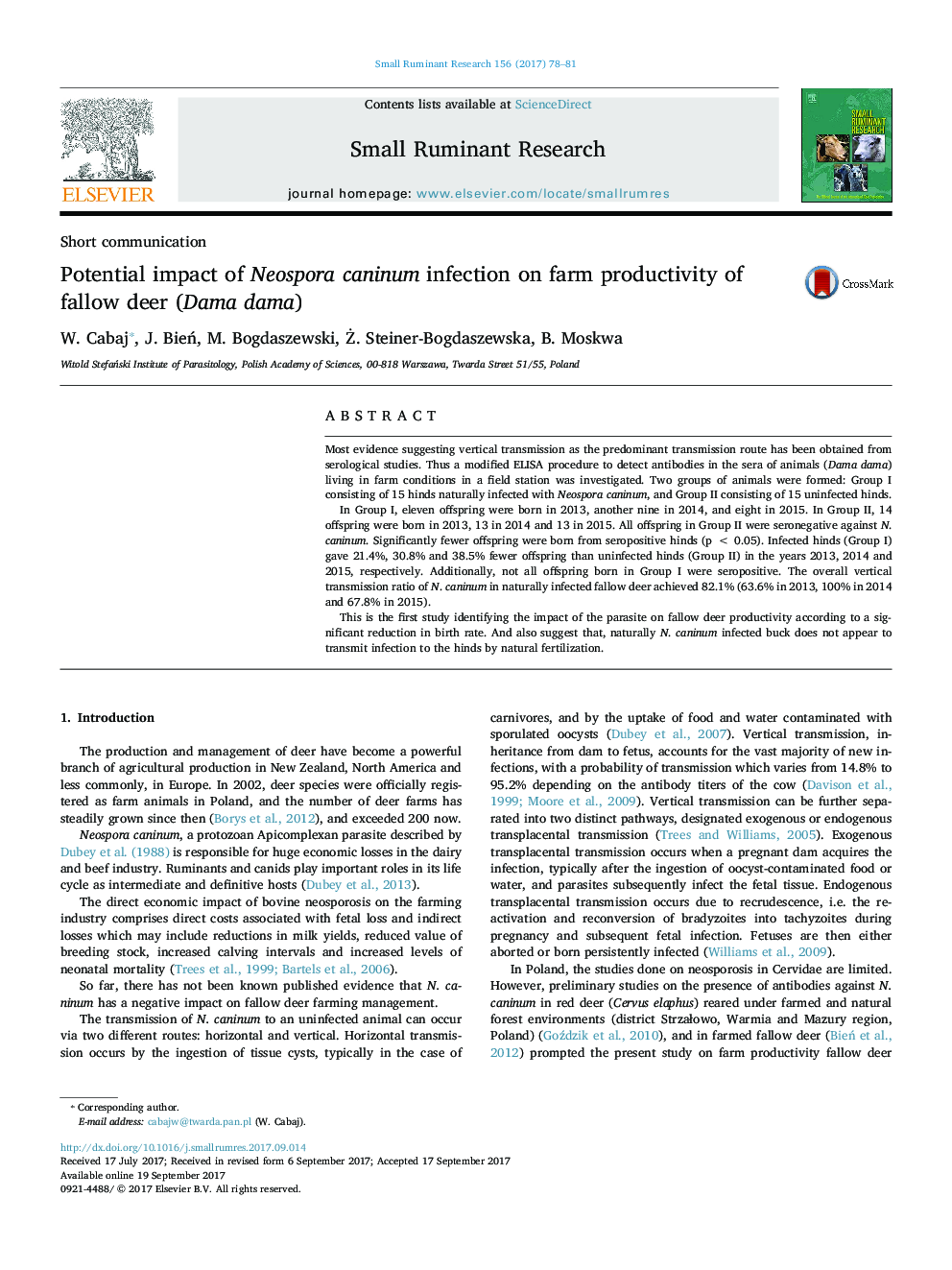 Potential impact of Neospora caninum infection on farm productivity of fallow deer (Dama dama)