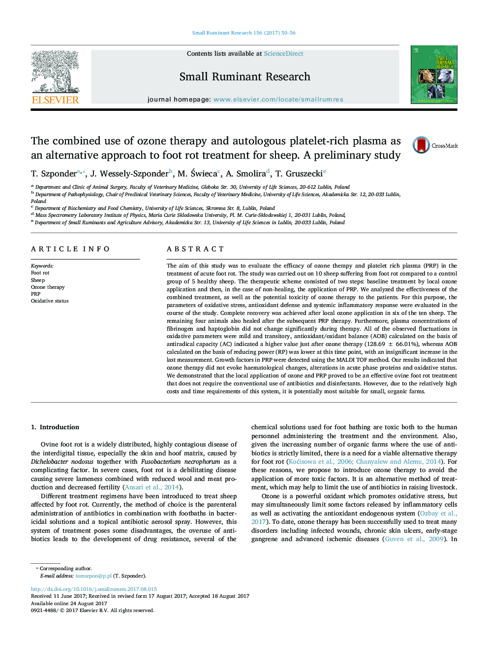 The combined use of ozone therapy and autologous platelet-rich plasma as an alternative approach to foot rot treatment for sheep. A preliminary study