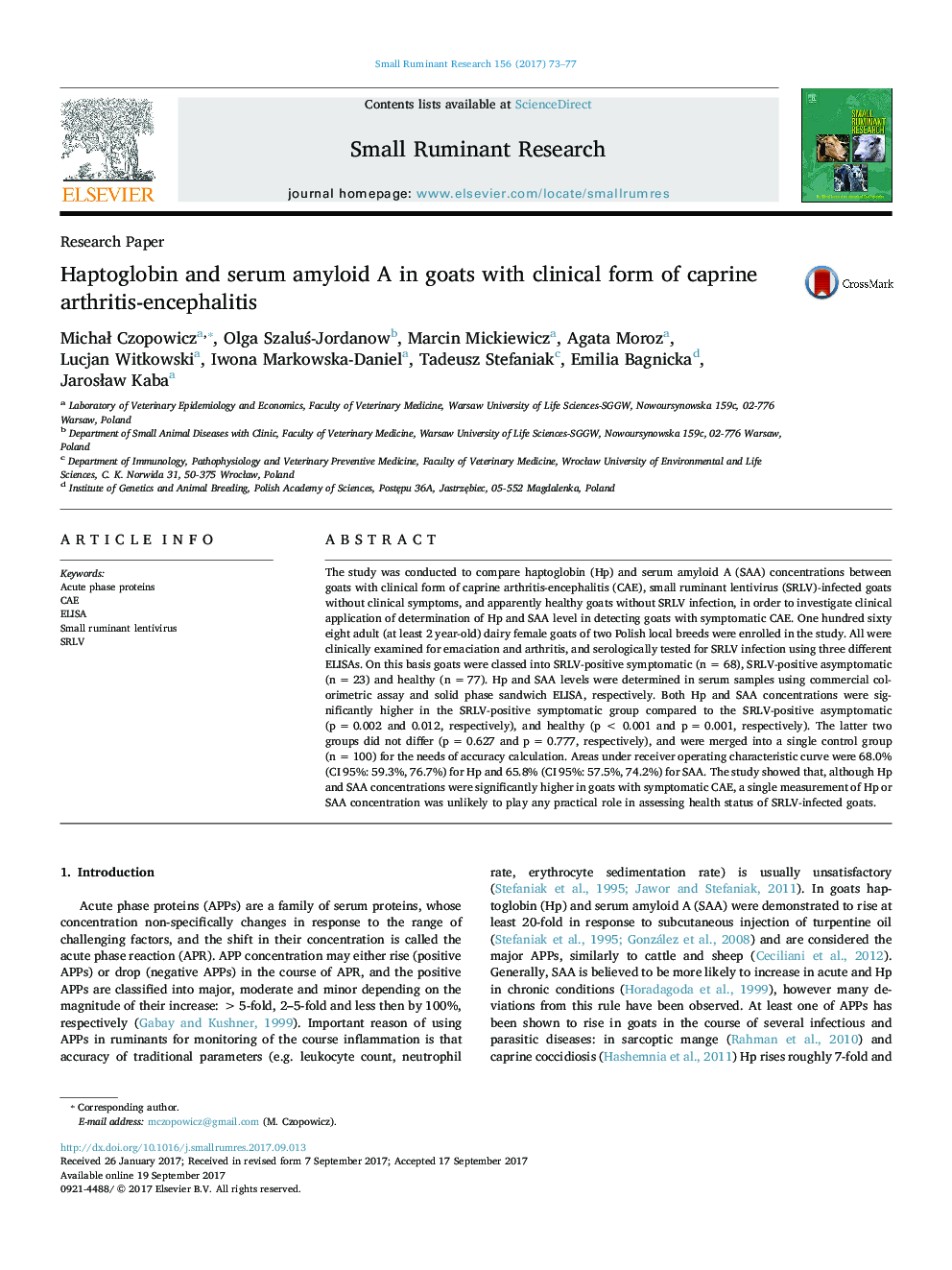 Haptoglobin and serum amyloid A in goats with clinical form of caprine arthritis-encephalitis