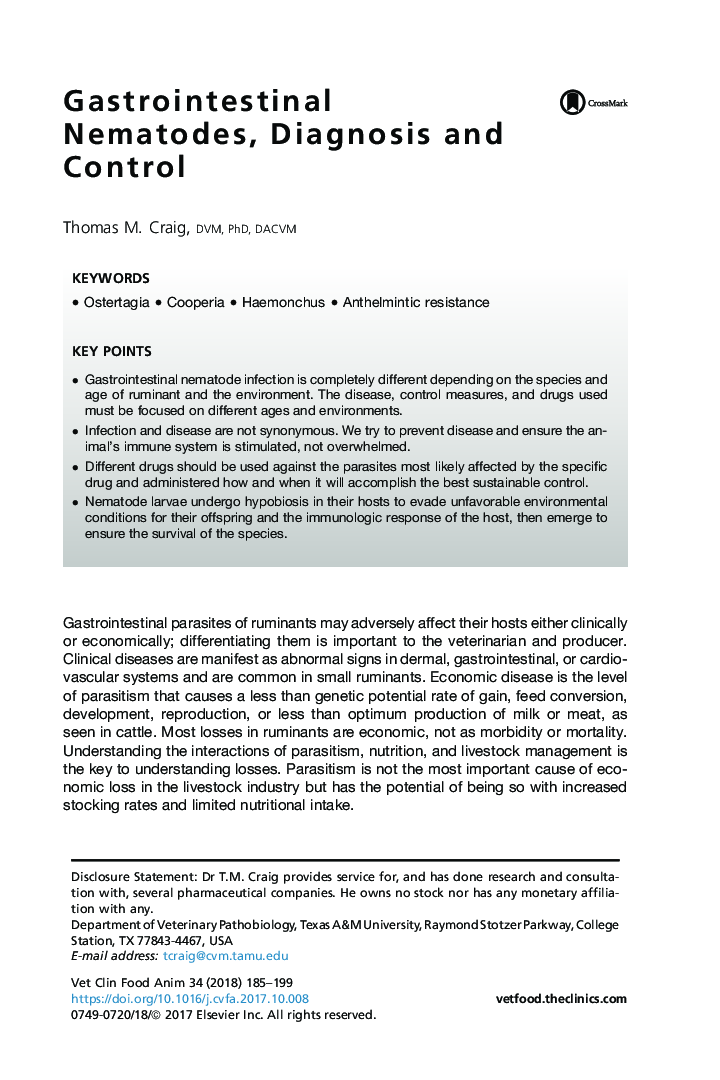 Gastrointestinal Nematodes, Diagnosis and Control