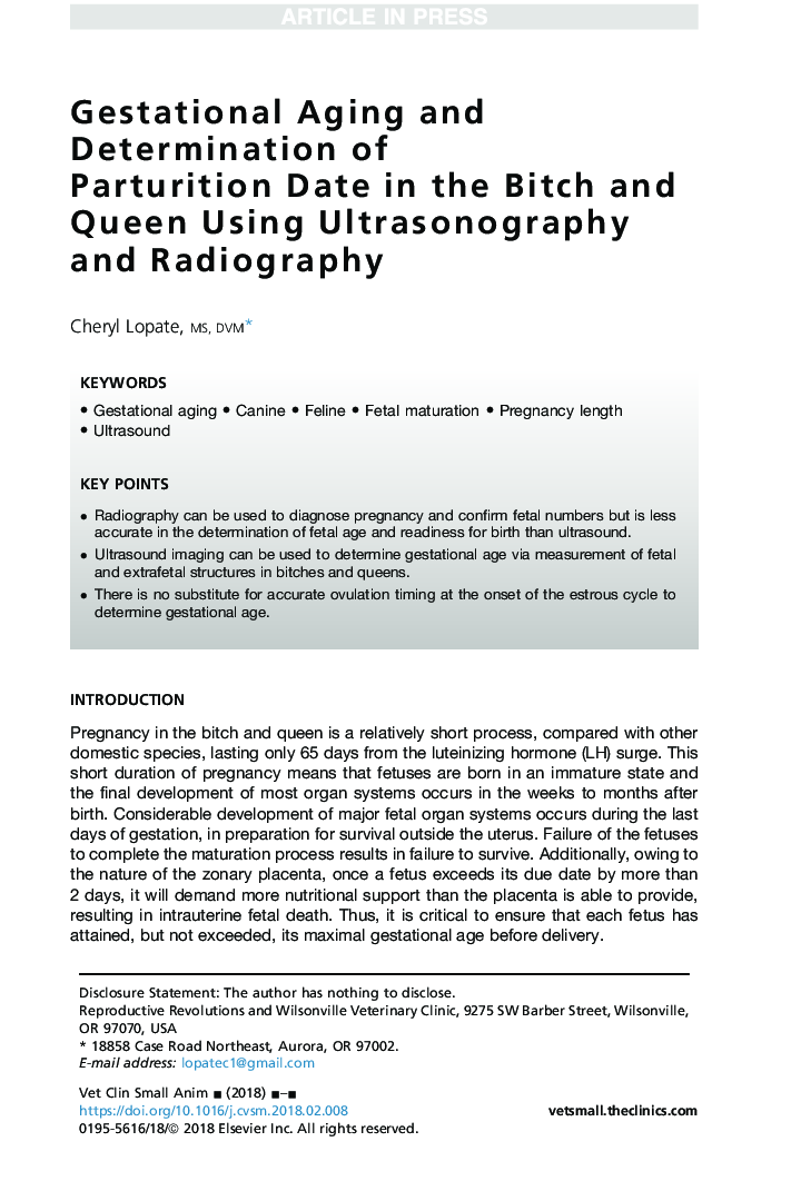 Gestational Aging and Determination of Parturition Date in the Bitch and Queen Using Ultrasonography and Radiography