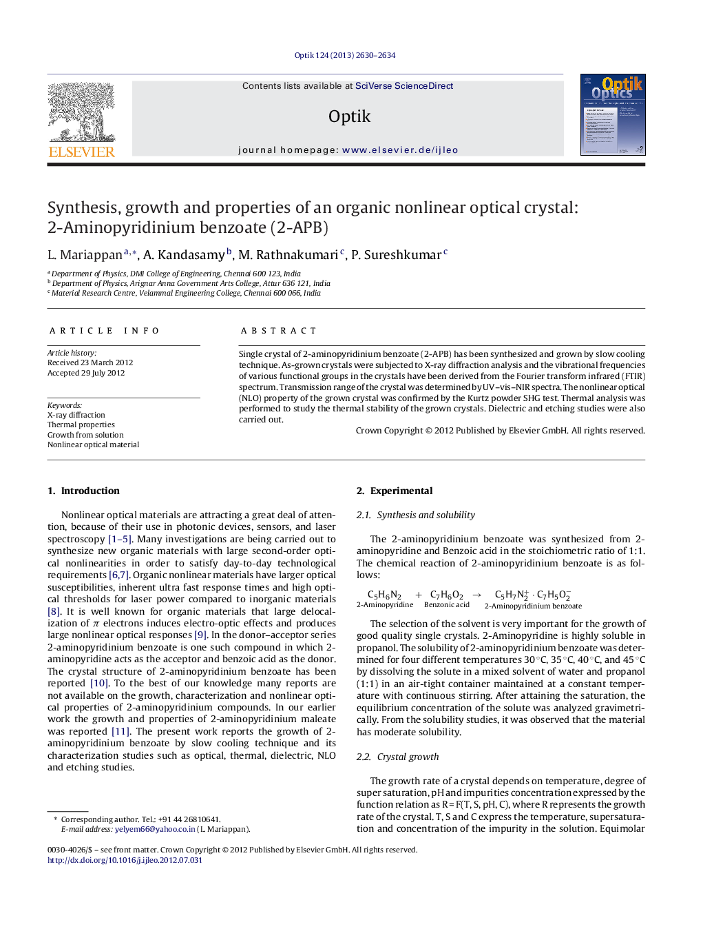 Synthesis, growth and properties of an organic nonlinear optical crystal: 2-Aminopyridinium benzoate (2-APB)