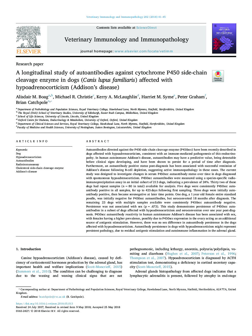 A longitudinal study of autoantibodies against cytochrome P450 side-chain cleavage enzyme in dogs (Canis lupus familiaris) affected with hypoadrenocorticism (Addison's disease)