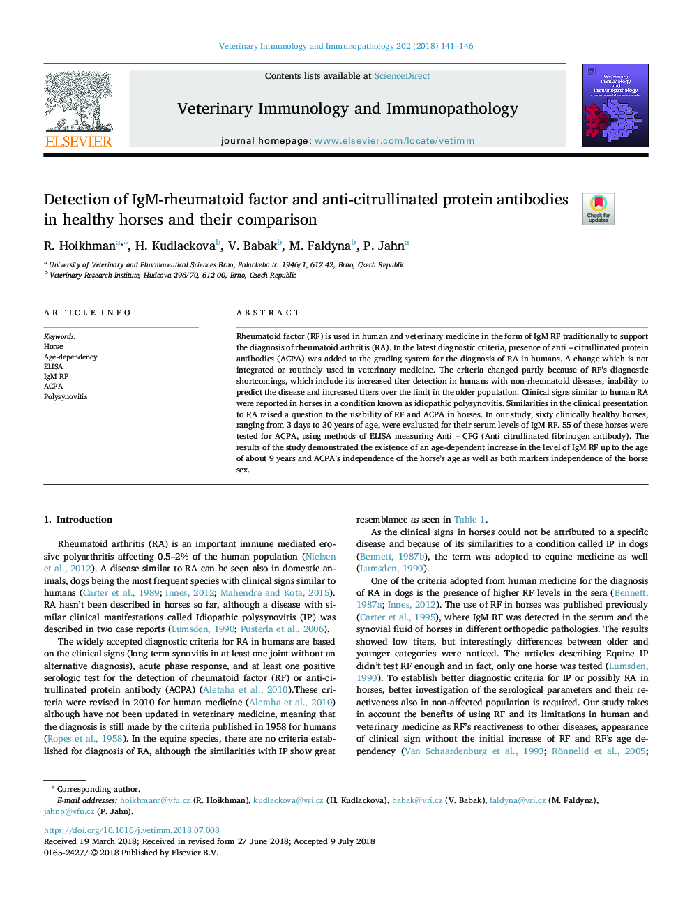 Detection of IgM-rheumatoid factor and anti-citrullinated protein antibodies in healthy horses and their comparison