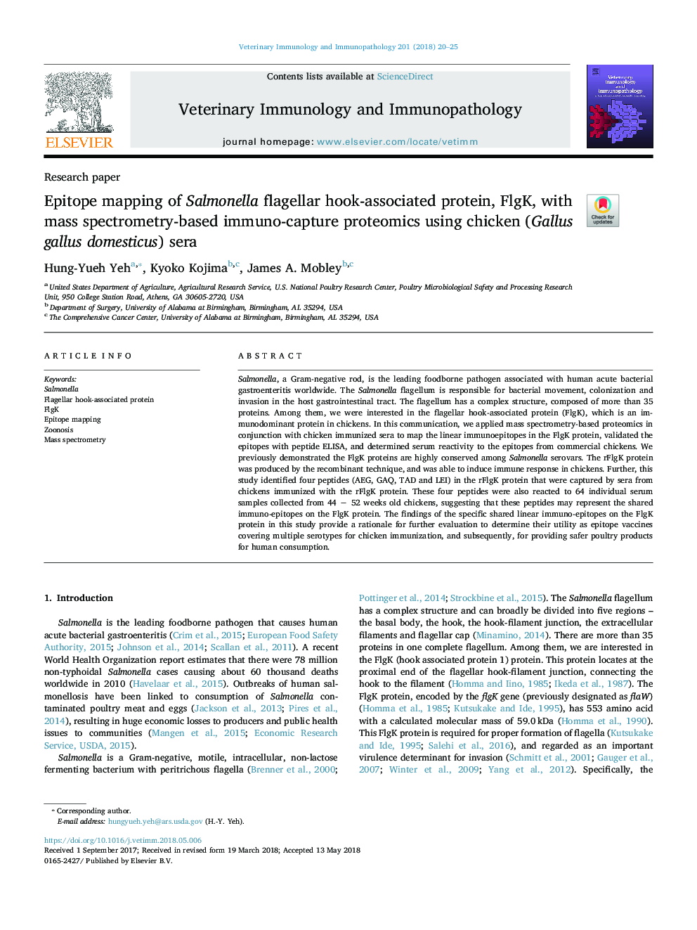 Epitope mapping of Salmonella flagellar hook-associated protein, FlgK, with mass spectrometry-based immuno-capture proteomics using chicken (Gallus gallus domesticus) sera