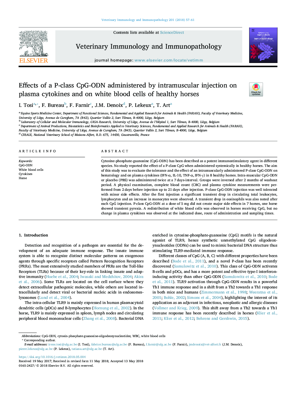 Effects of a P-class CpG-ODN administered by intramuscular injection on plasma cytokines and on white blood cells of healthy horses