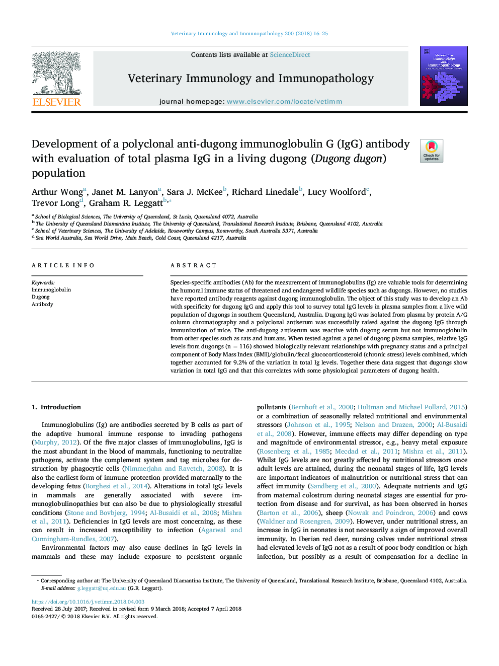 Development of a polyclonal anti-dugong immunoglobulin G (IgG) antibody with evaluation of total plasma IgG in a living dugong (Dugong dugon) population