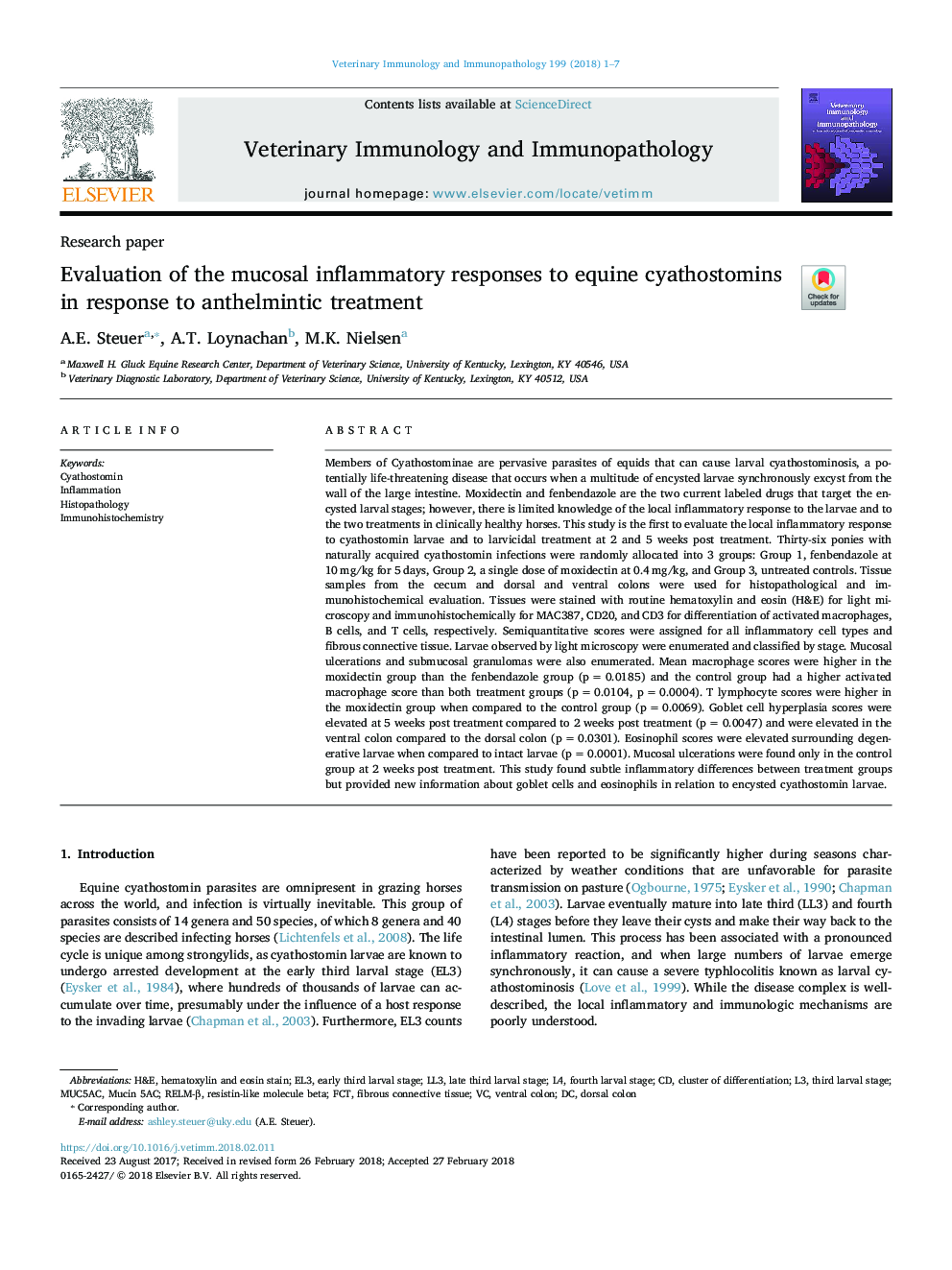 Evaluation of the mucosal inflammatory responses to equine cyathostomins in response to anthelmintic treatment