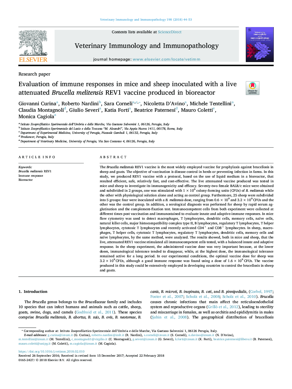 Evaluation of immune responses in mice and sheep inoculated with a live attenuated Brucella melitensis REV1 vaccine produced in bioreactor