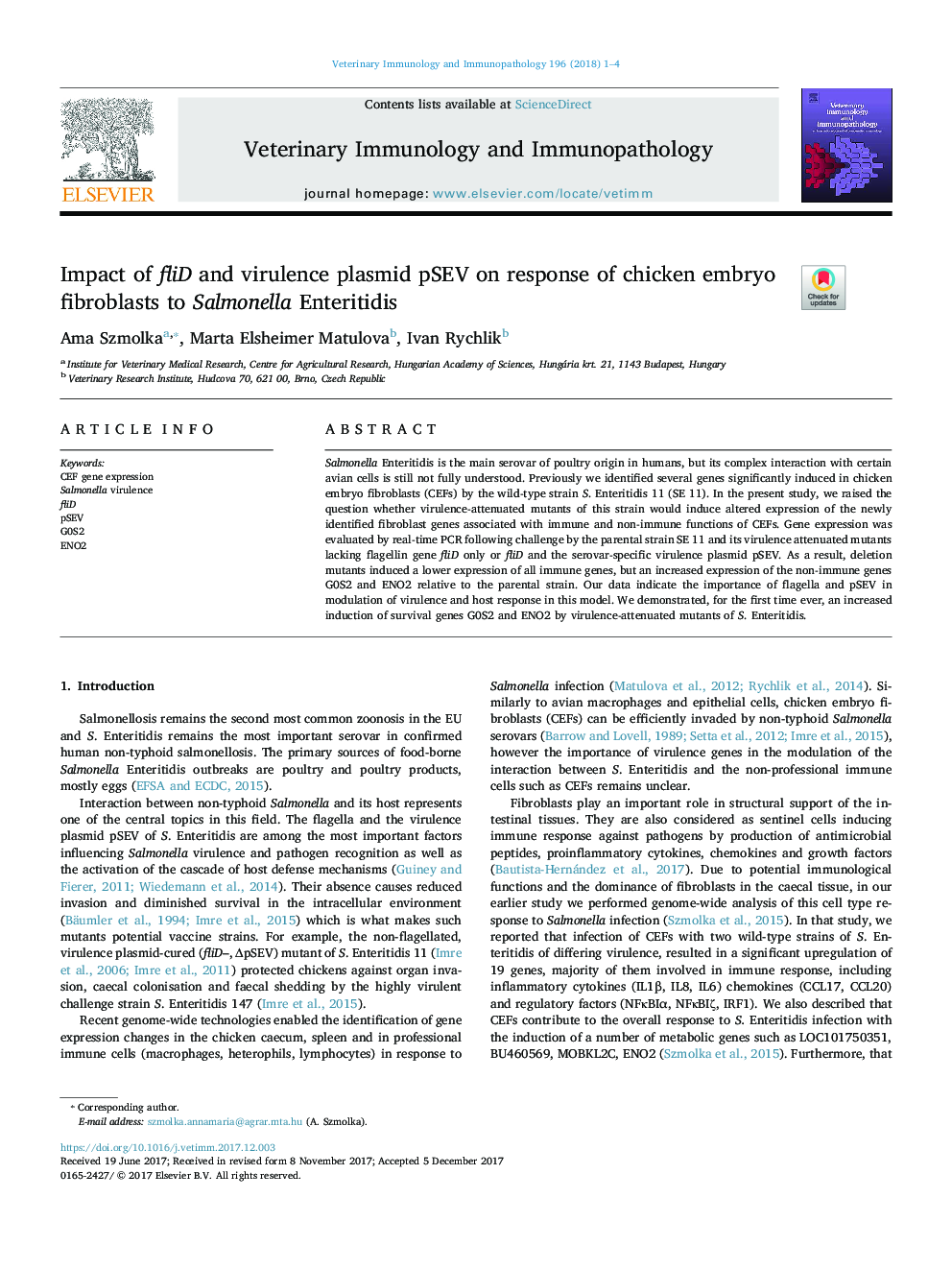 Impact of fliD and virulence plasmid pSEV on response of chicken embryo fibroblasts to Salmonella Enteritidis