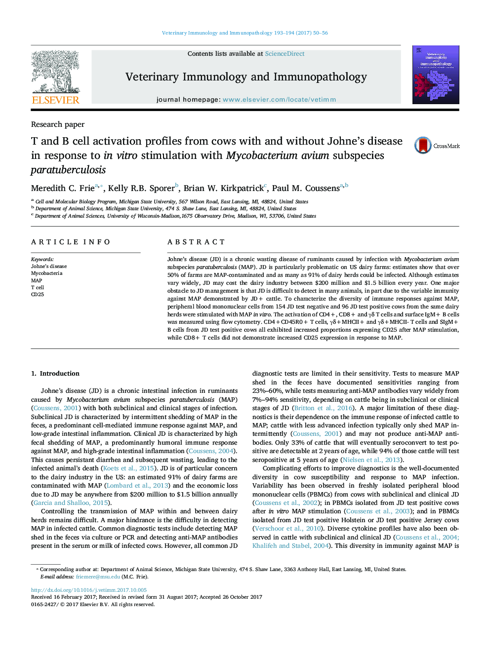 T and B cell activation profiles from cows with and without Johne's disease in response to in vitro stimulation with Mycobacterium avium subspecies paratuberculosis