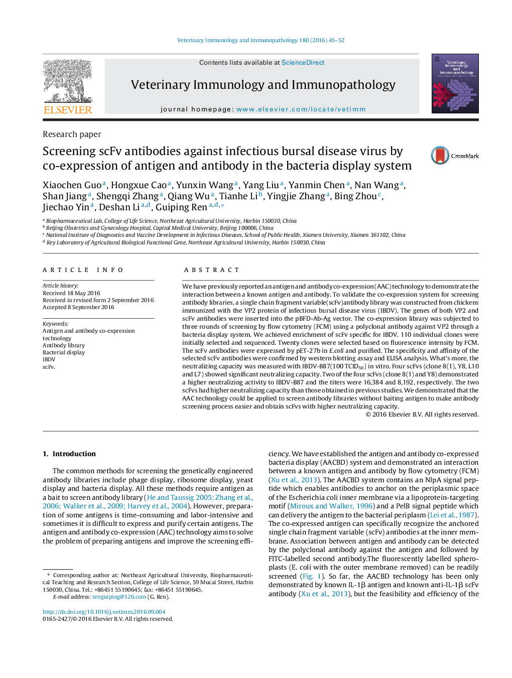 Screening scFv antibodies against infectious bursal disease virus by co-expression of antigen and antibody in the bacteria display system