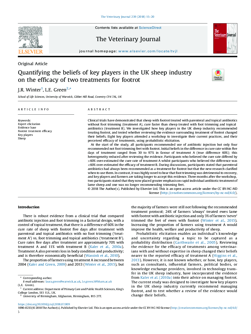 Quantifying the beliefs of key players in the UK sheep industry on the efficacy of two treatments for footrot