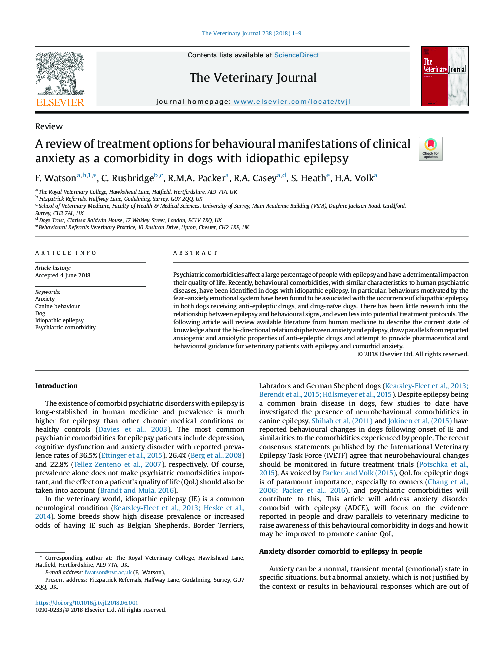 A review of treatment options for behavioural manifestations of clinical anxiety as a comorbidity in dogs with idiopathic epilepsy