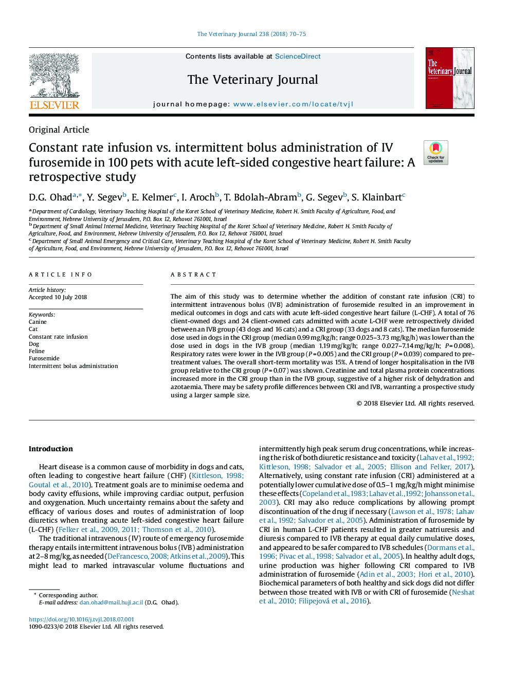 Constant rate infusion vs. intermittent bolus administration of IV furosemide in 100 pets with acute left-sided congestive heart failure: A retrospective study