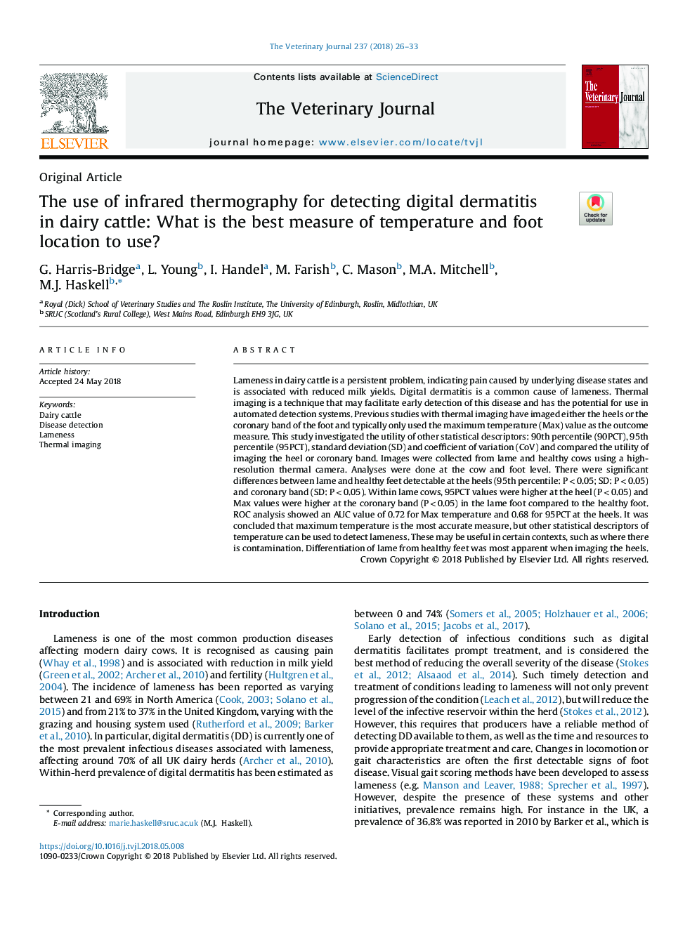 The use of infrared thermography for detecting digital dermatitis in dairy cattle: What is the best measure of temperature and foot location to use?