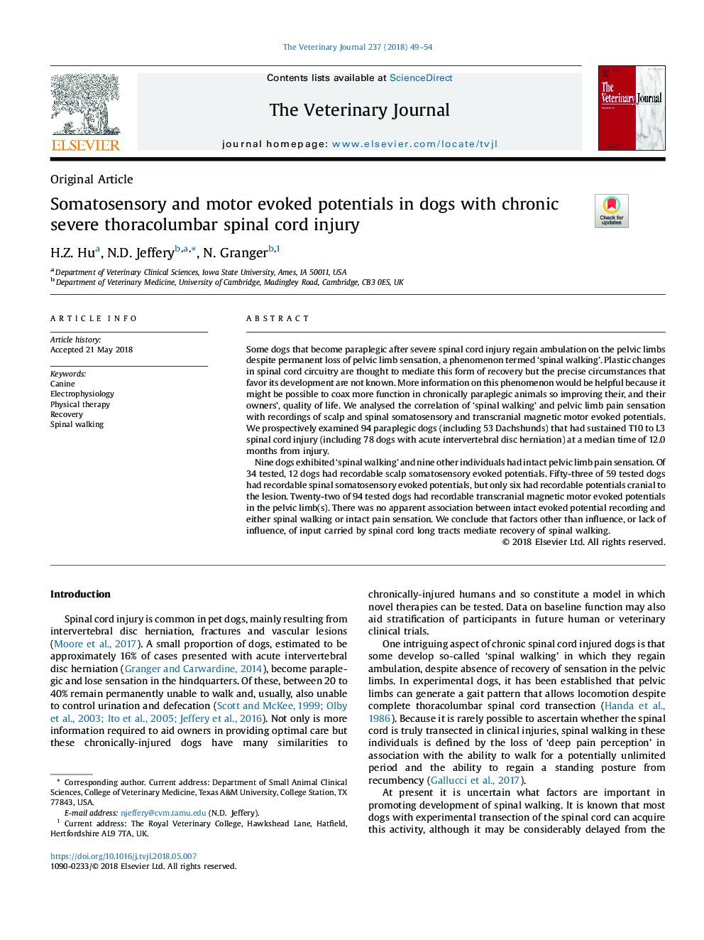 Somatosensory and motor evoked potentials in dogs with chronic severe thoracolumbar spinal cord injury